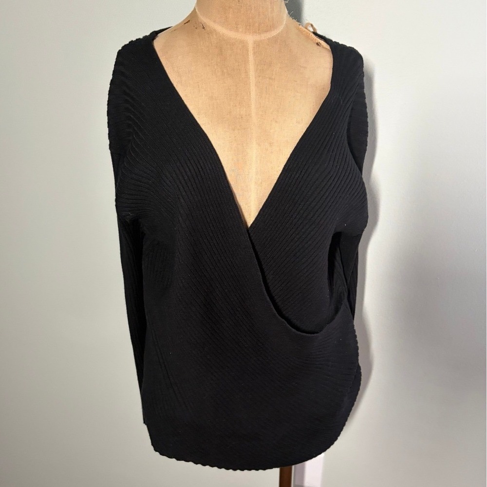 Eloquii Black Ribbed Wrap Front V-Neck Sweater Long Sleeve Plus Size 18/20